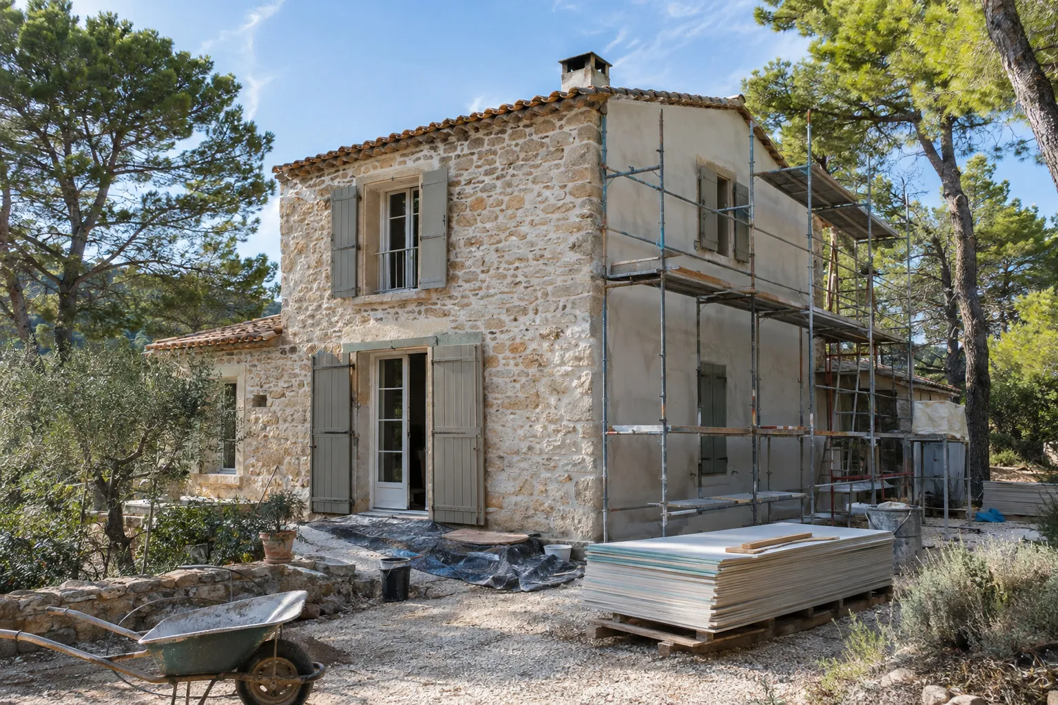 Maison de pierre provençale en chantier à Gémenos : échafaudage léger et pins en arrière-plan