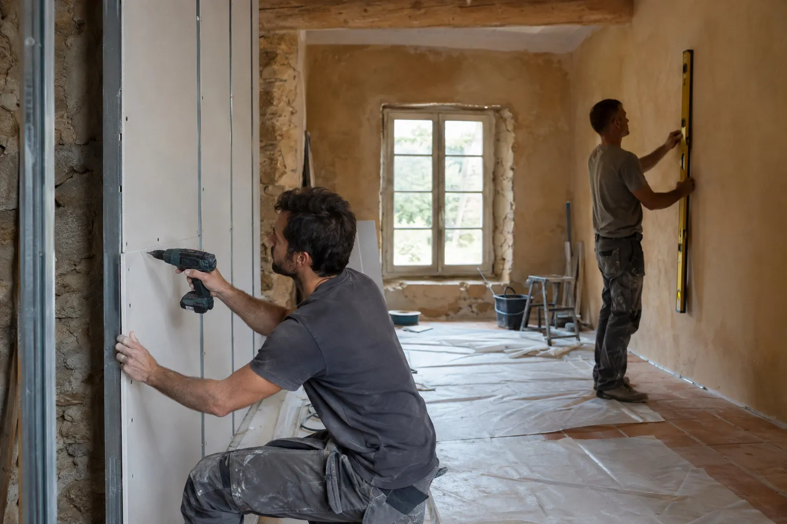 Nos artisans montent une cloison et contrôlent les aplombs dans une pièce en rénovation