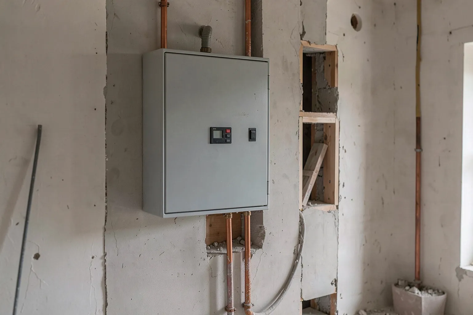 Tableau électrique neuf et gaines encastrées dans un mur ouvert, en cours de rénovation, avec arrivées d'eau en cuivre