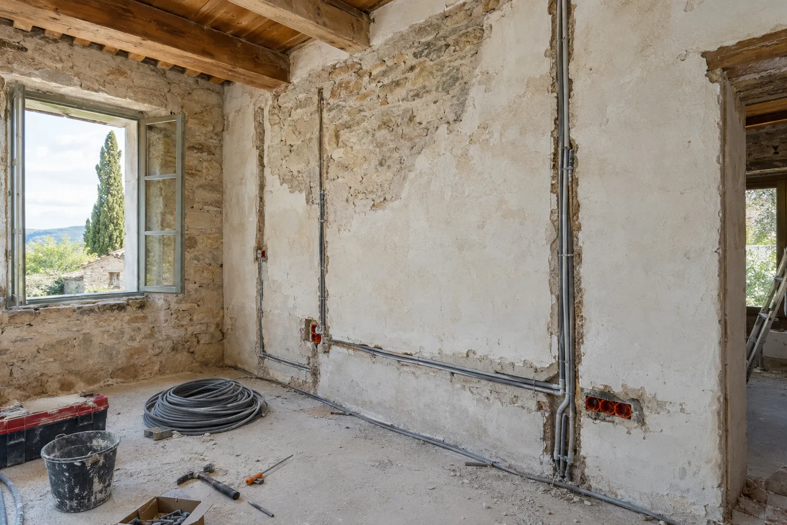 Pièce en chantier avec gaines électriques encastrées dans le mur