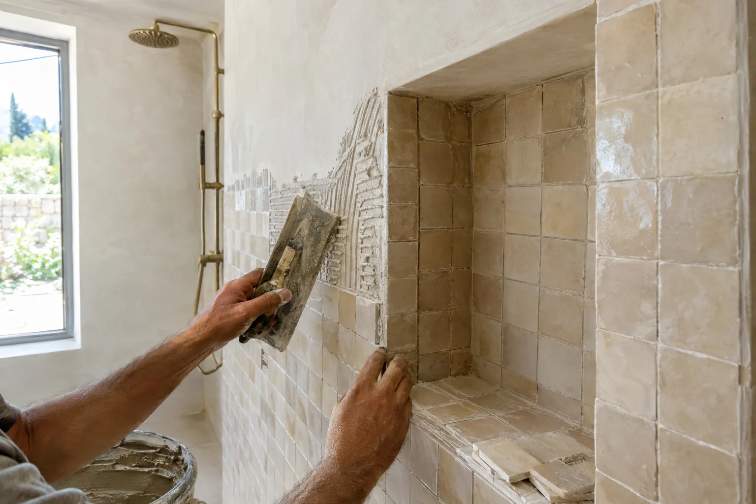 Carreleur posant des carreaux beiges dans la niche d'une douche