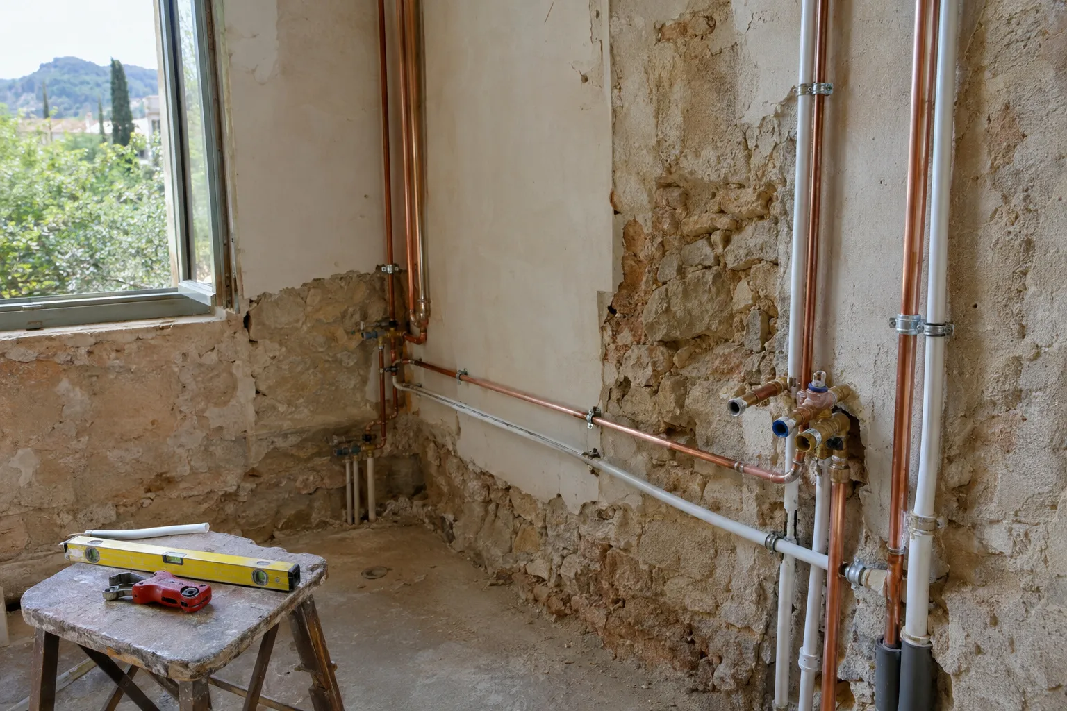Arrivées d’eau en cuivre et multicouche sur un mur de pierre en chantier