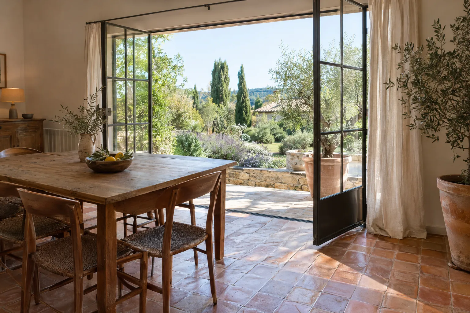 Salle à manger ouverte sur le jardin avec sol en carreaux de terre cuite