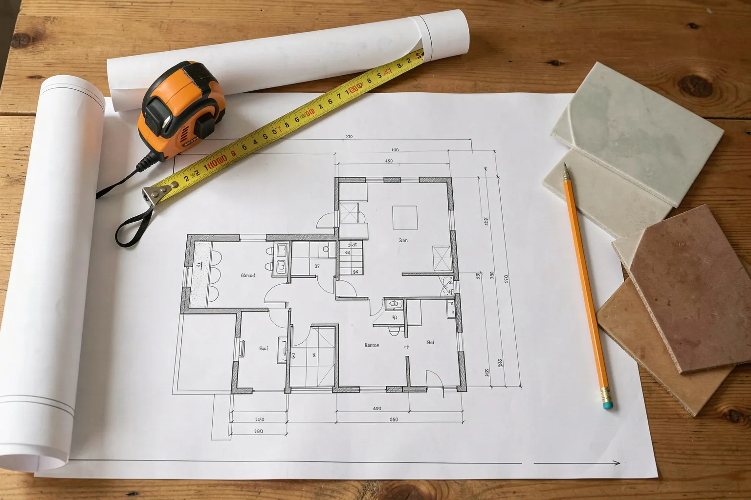 Devis détaillé et plans du logement posés sur la table d’un client, mètre ruban et échantillons de carrelage