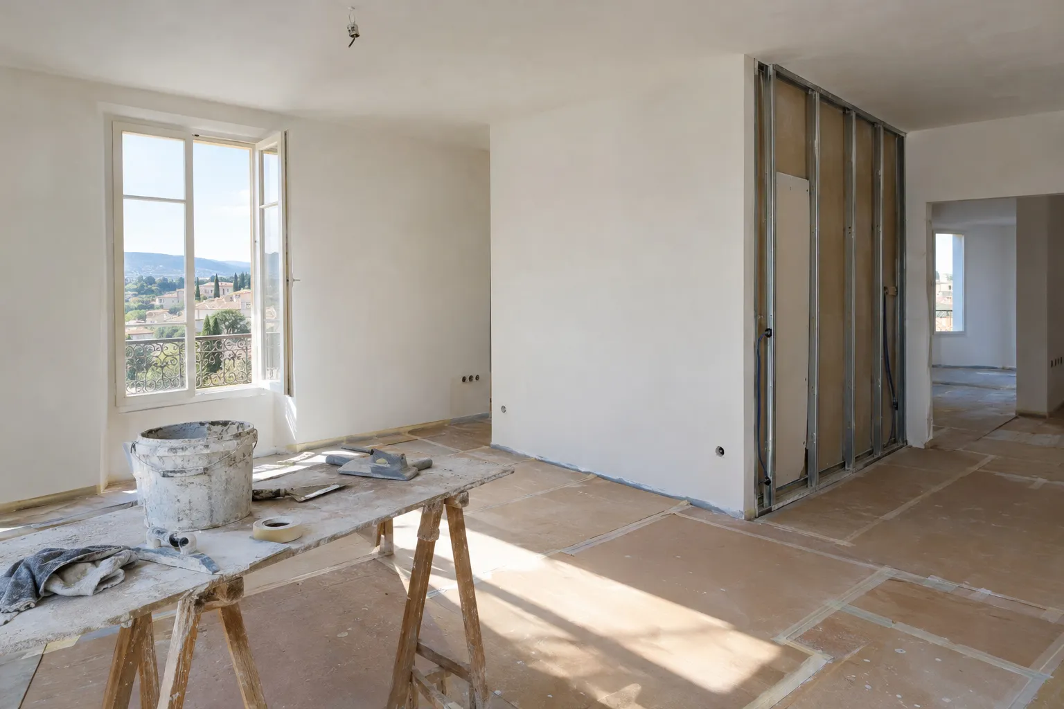 Pièce d'appartement en travaux : cloison neuve en cours de montage, murs lissés et sol protégé