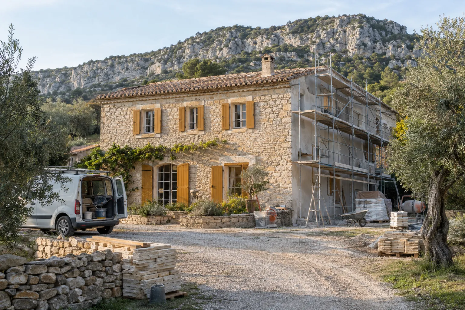 Mas en pierre aux volets ocre en cours de rénovation près de Roquevaire, échafaudage sur un côté, camionnette et matériaux dans la cour