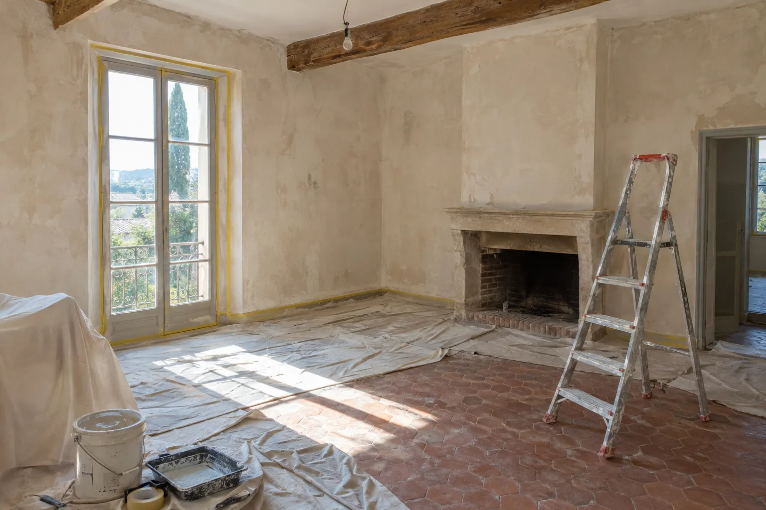 Salon d'une maison en rénovation avec cheminée en pierre, poutres, échelle et bâches de protection au sol