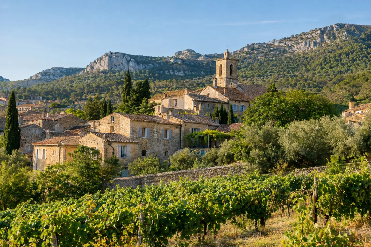 Village de Cuges-les-Pins au pied des collines, entouré de vignes
