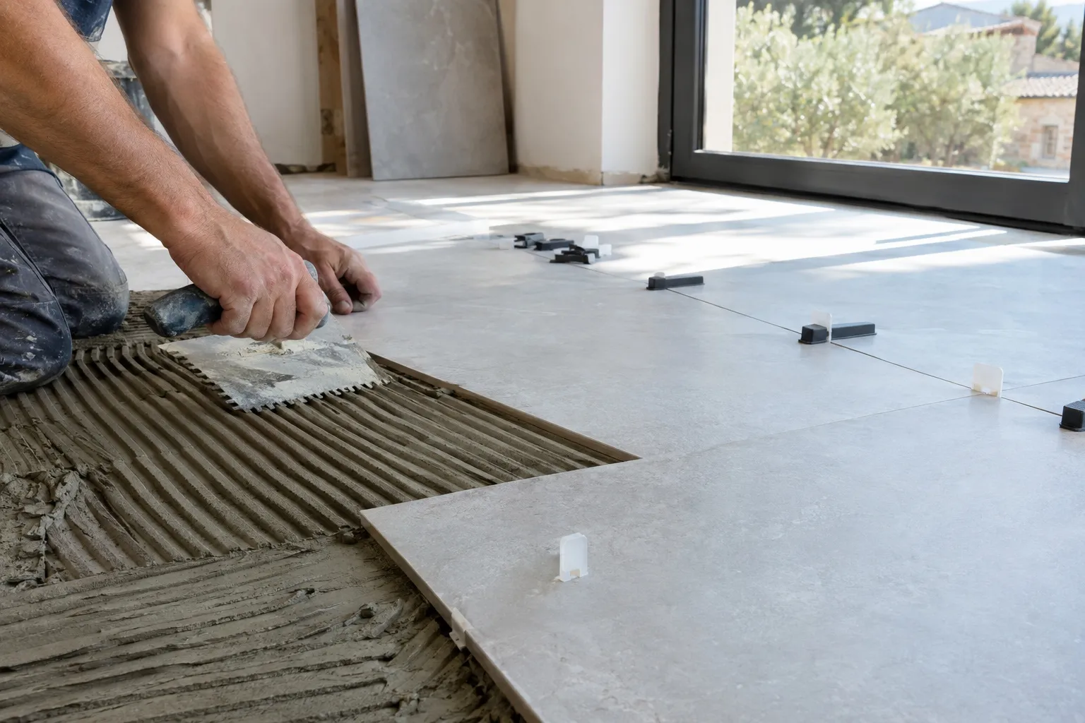 Carreleur posant du carrelage grand format sur colle devant une baie vitrée